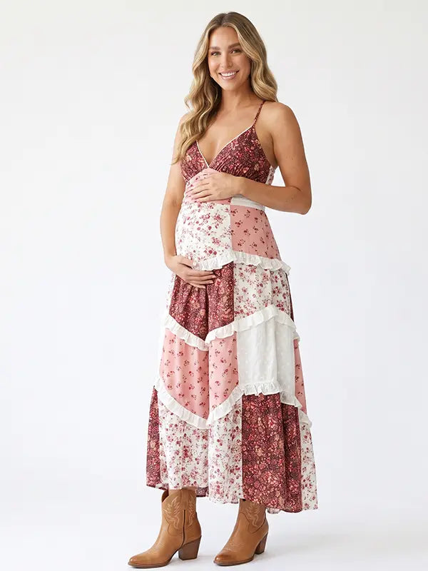 Rust Floral Maternity Dress, Boho Patchwork Pregnancy Maxi Dress for Fall Maternity Photoshoot, Rustic Baby Shower, Outdoor Maternity Photoshoot | Bumplook