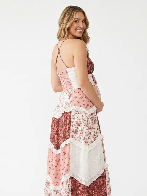 Rust Floral Maternity Dress, Boho Patchwork Pregnancy Maxi Dress for Fall Maternity Photoshoot, Rustic Baby Shower, Outdoor Maternity Photoshoot | Bumplook