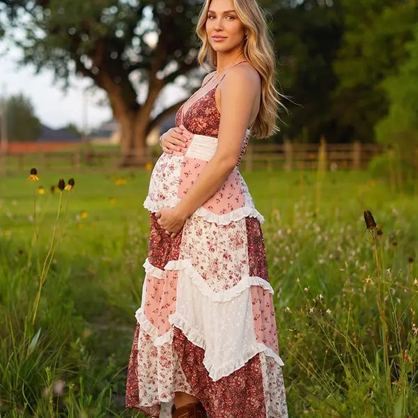 Rust Floral Maternity Dress, Boho Patchwork Pregnancy Maxi Dress for Fall Maternity Photoshoot, Rustic Baby Shower, Outdoor Maternity Photoshoot | Bumplook
