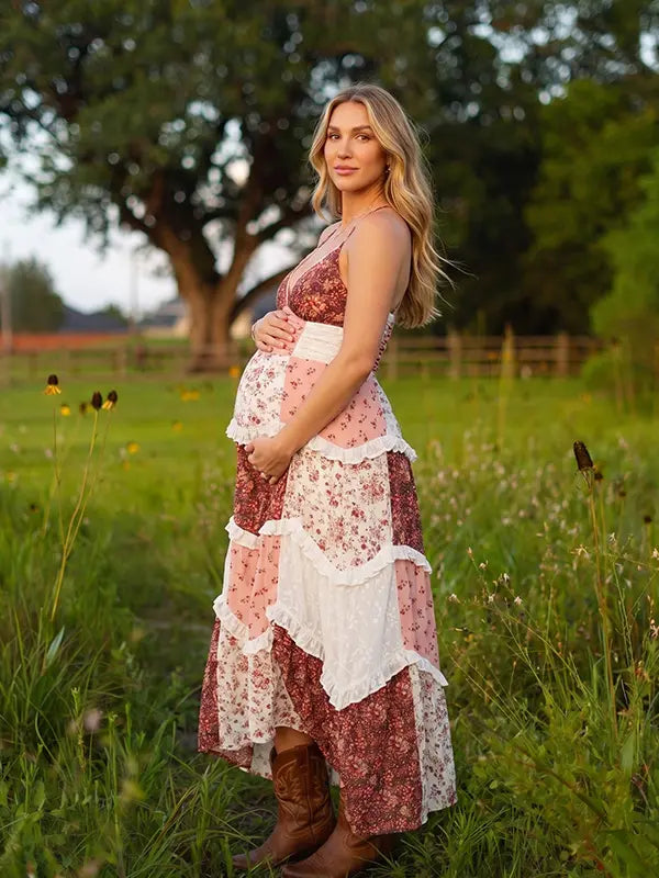 Rust Floral Maternity Dress, Boho Patchwork Pregnancy Maxi Dress for Fall Maternity Photoshoot, Rustic Baby Shower, Outdoor Maternity Photoshoot | Bumplook