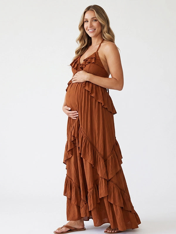 Rust Maternity Maxi Dress with Cascading Ruffles | Bumplook