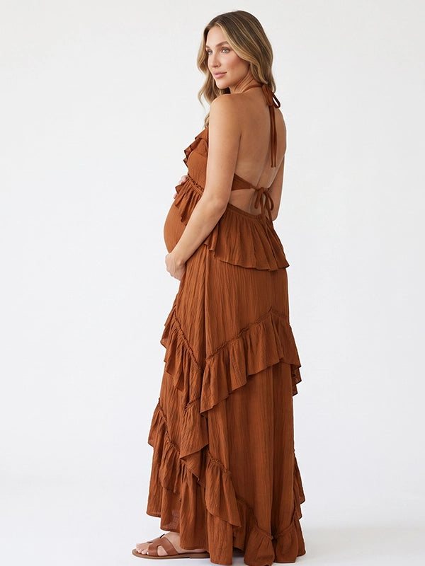 Rust Boho Ruffle Maternity Maxi Dress | Bumplook