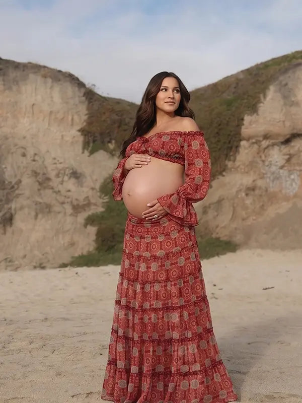 Two Piece Maternity Dress, Off Shoulder Crop Top and Tiered Maxi Skirt for Boho Maternity Photoshoot, Babymoon, Vacation, Baby Shower | Bumplook