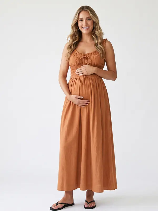 Rust Maternity Dress, Smocked Cotton Blend Pregnancy Maxi Dress for Fall Baby Shower, Maternity Photoshoot | Bumplook