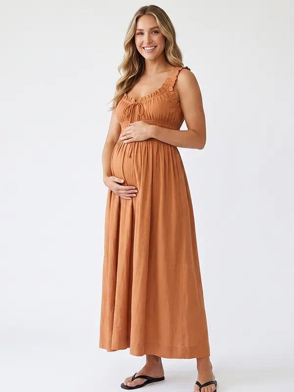 Rust Maternity Dress, Smocked Cotton Blend Pregnancy Maxi Dress for Fall Baby Shower, Maternity Photoshoot | Bumplook