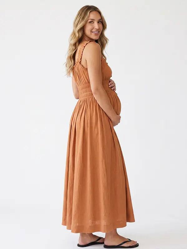 Rust Maternity Dress, Smocked Cotton Blend Pregnancy Maxi Dress for Fall Baby Shower, Maternity Photoshoot | Bumplook