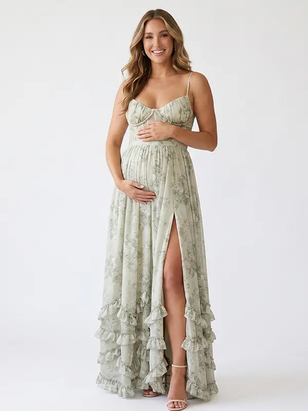 Sage Green Boho Maternity Dress, Garden Baby Shower Maternity Maxi Dress for Baby Shower, Maternity Photoshoot, Gender Reveal, Pregnancy Announcement, Wedding Guest, Bridal Shower, Formal Events | Bumplook