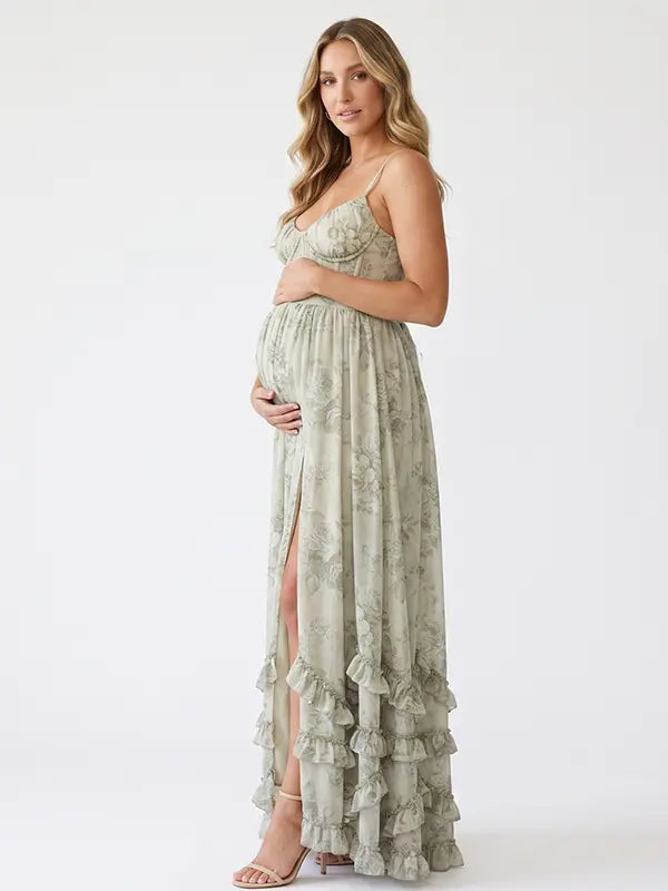 Sage Green Boho Maternity Dress, Garden Baby Shower Maternity Maxi Dress for Baby Shower, Maternity Photoshoot, Gender Reveal, Pregnancy Announcement, Wedding Guest, Bridal Shower, Formal Events | Bumplook