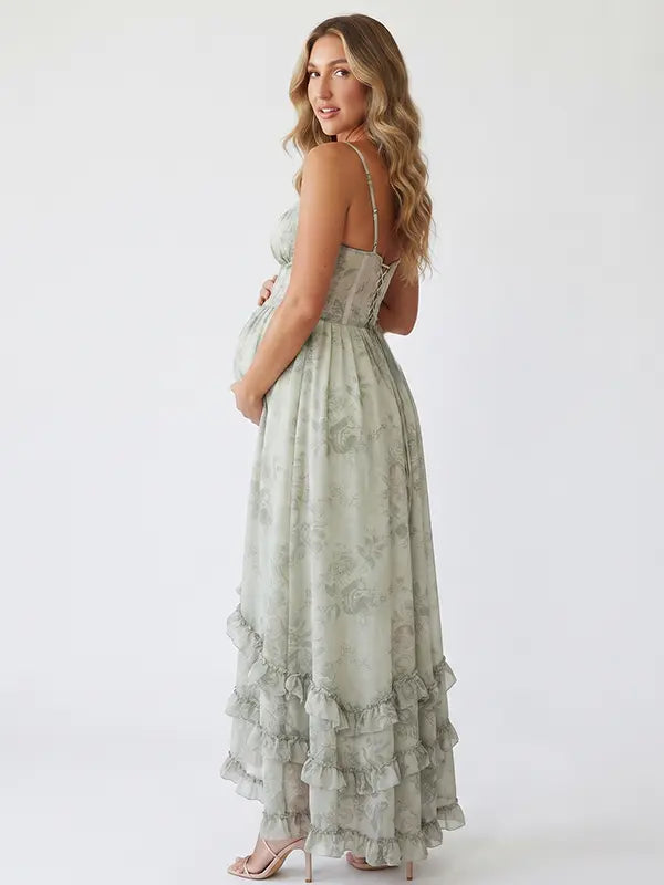 Sage Green Boho Maternity Dress, Garden Baby Shower Maternity Maxi Dress for Baby Shower, Maternity Photoshoot, Gender Reveal, Pregnancy Announcement, Wedding Guest, Bridal Shower, Formal Events | Bumplook