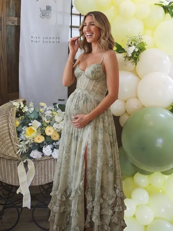 Sage Green Boho Maternity Dress, Garden Baby Shower Maternity Maxi Dress for Baby Shower, Maternity Photoshoot, Gender Reveal, Pregnancy Announcement, Wedding Guest, Bridal Shower, Formal Events | Bumplook