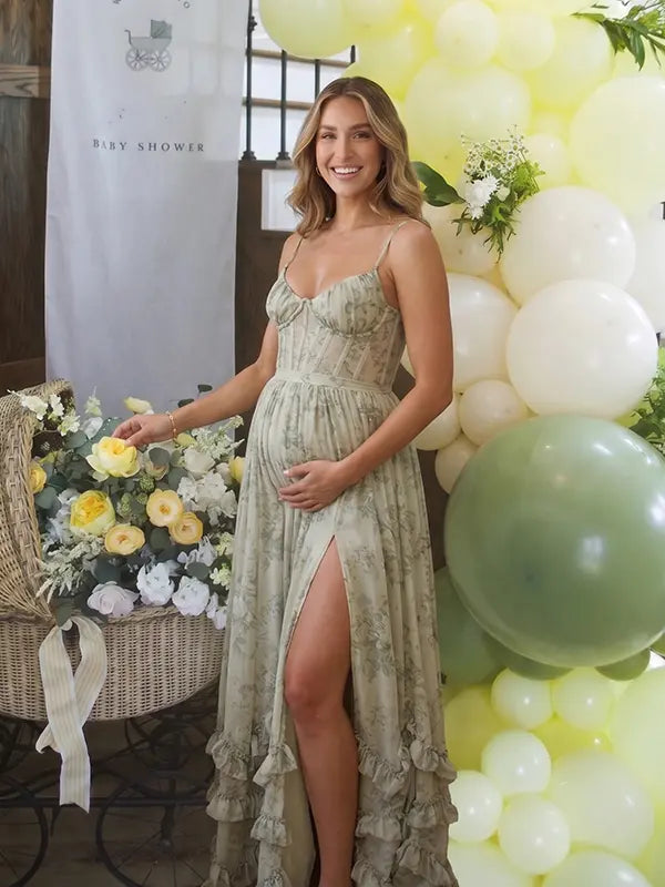 Sage Green Boho Maternity Dress, Garden Baby Shower Maternity Maxi Dress for Baby Shower, Maternity Photoshoot, Gender Reveal, Pregnancy Announcement, Wedding Guest, Bridal Shower, Formal Events | Bumplook