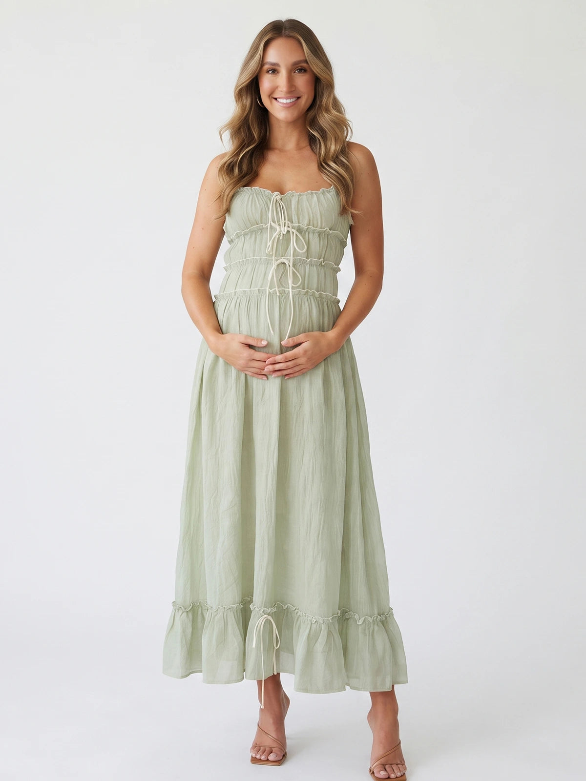 Sage Green Maternity Dress for Outdoor Pregnancy Photos | Bumplook