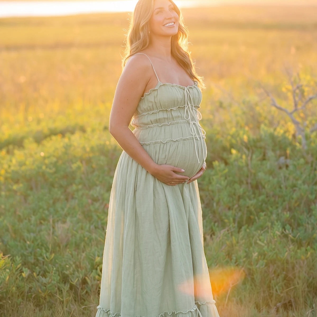 Sage Green Boho Maternity Maxi Dress with Bow Front | Bumplook