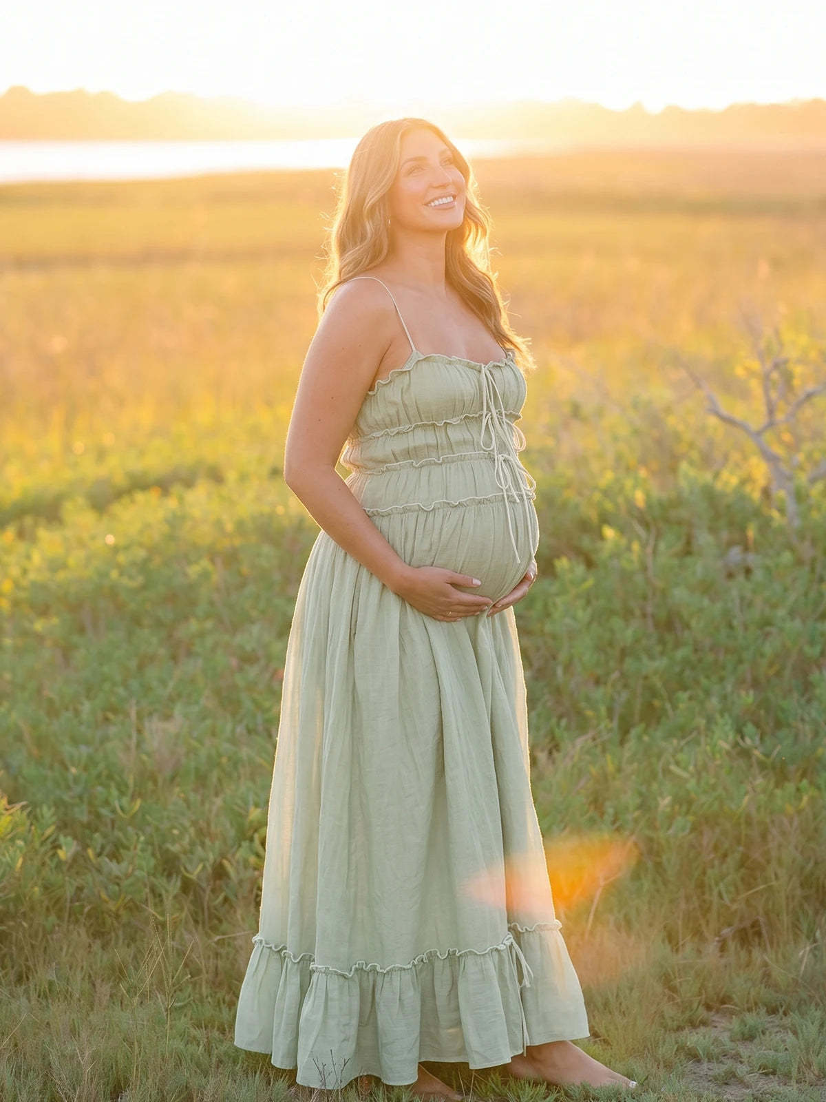 Sage Green Boho Maternity Maxi Dress with Bow Front | Bumplook