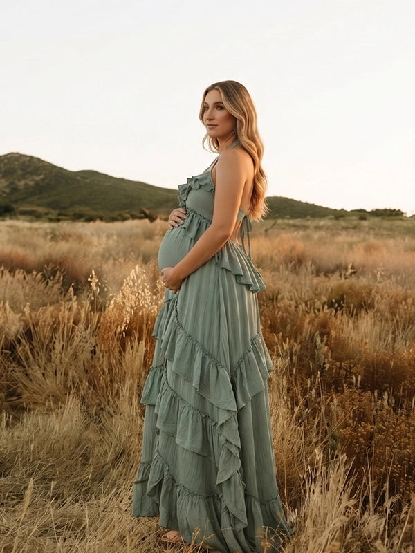 Sage Green Boho Maternity Dress for Outdoor Pregnancy Photoshoot | Bumplook