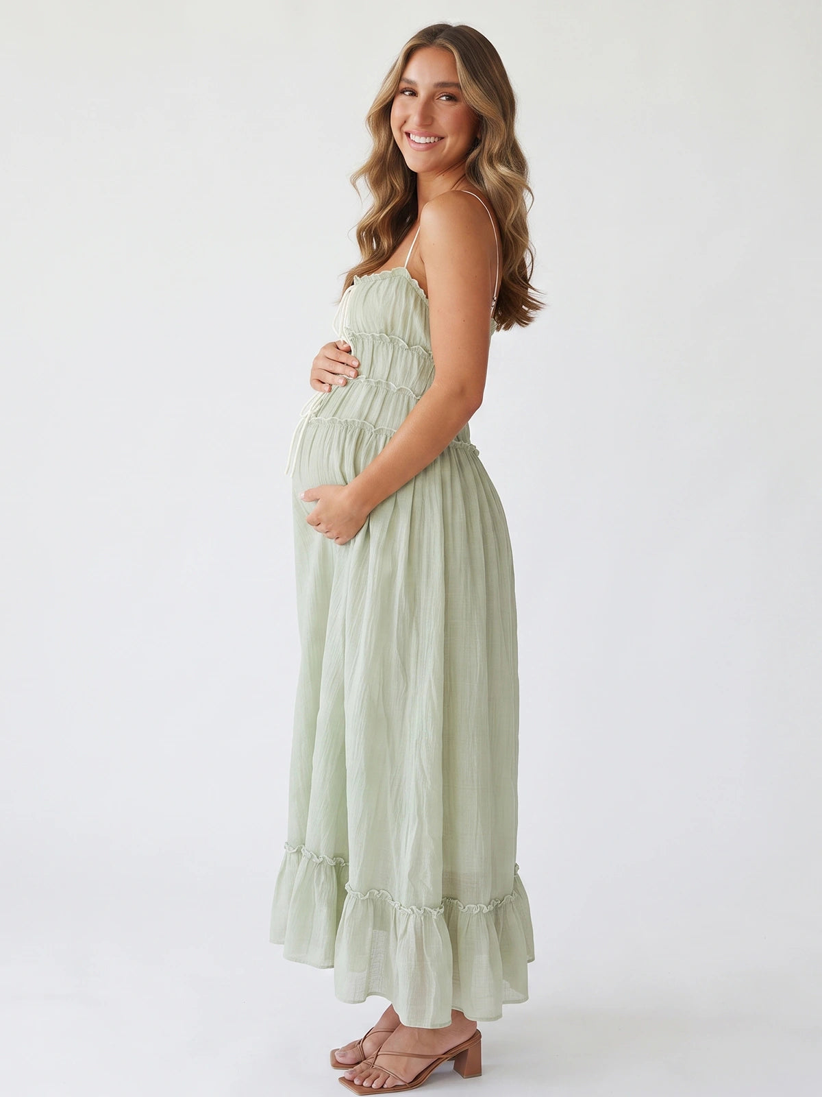 Sage Green Boho Pregnancy Dress for Golden Hour Maternity Photos | Bumplook