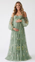 Sage Green Floral Maternity Dress, Embroidered Tulle Baby Shower Dress for Maternity Photoshoot, Pregnancy Announcement, Gender Reveal and Garden Events | Bumplook