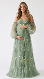 Sage Green Floral Maternity Dress, Embroidered Tulle Baby Shower Dress for Maternity Photoshoot, Pregnancy Announcement, Gender Reveal and Garden Events | Bumplook