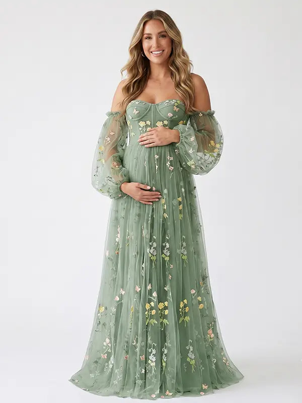Sage Green Floral Maternity Dress, Embroidered Tulle Baby Shower Dress for Maternity Photoshoot, Pregnancy Announcement, Gender Reveal and Garden Events | Bumplook
