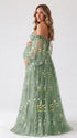 Sage Green Off Shoulder Maternity Maxi Dress with Floral Embroidered Tulle and Flowing Floor Length Skirt for Baby Shower and Maternity Photoshoot | Bumplook