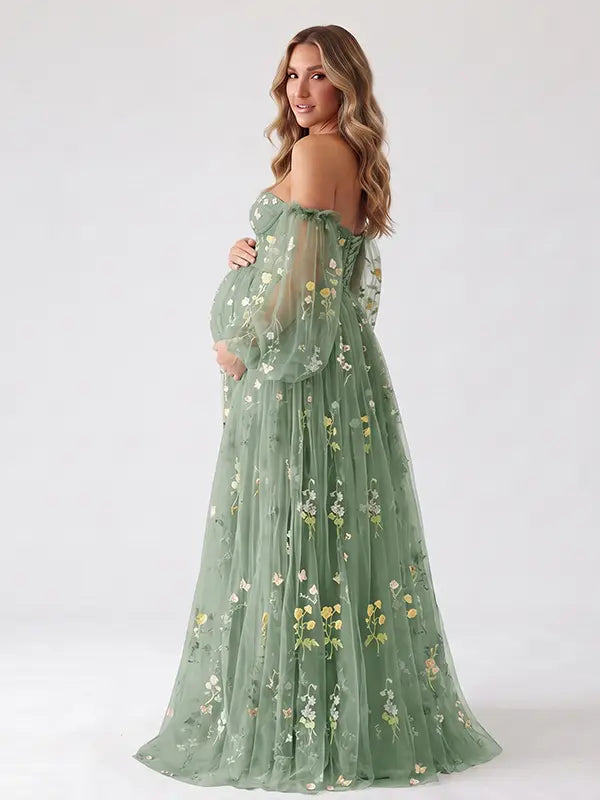 Sage Green Off Shoulder Maternity Maxi Dress with Floral Embroidered Tulle and Flowing Floor Length Skirt for Baby Shower and Maternity Photoshoot | Bumplook