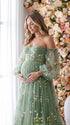 Sage Green Floral Embroidered Tulle Maternity Dress with Corset Inspired Sweetheart Bodice and Pastel Wildflower Detail | Bumplook