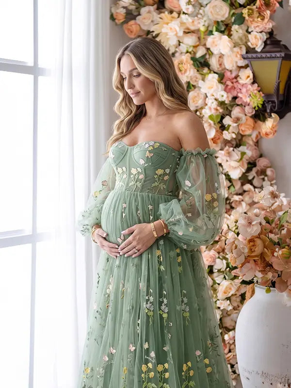 Sage Green Floral Embroidered Tulle Maternity Dress with Corset Inspired Sweetheart Bodice and Pastel Wildflower Detail | Bumplook