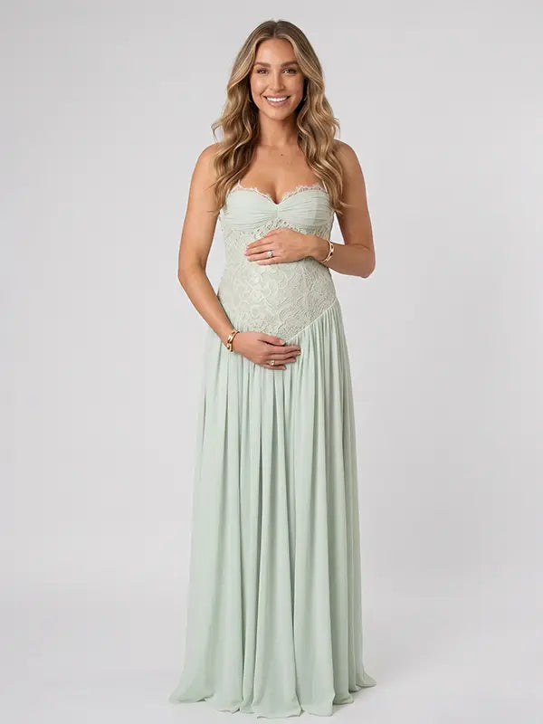Sage Green Maternity Dress, Lace Pregnancy Maxi Dress for Baby Shower, Maternity Photoshoot, Gender Reveal, Pregnancy Announcement, Wedding Guest, Bridal Shower, Formal Events | Bumplook