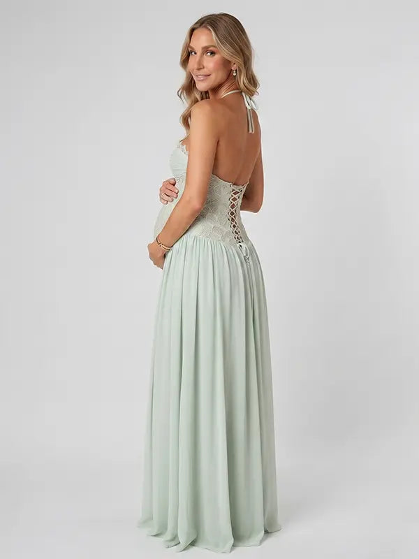 Sage Green Maternity Maxi Dress, Lace-Up Back Pregnancy Dress for Baby Shower, Maternity Photoshoot, Gender Reveal, Pregnancy Announcement, Wedding Guest, Bridal Shower, Formal Events | Bumplook