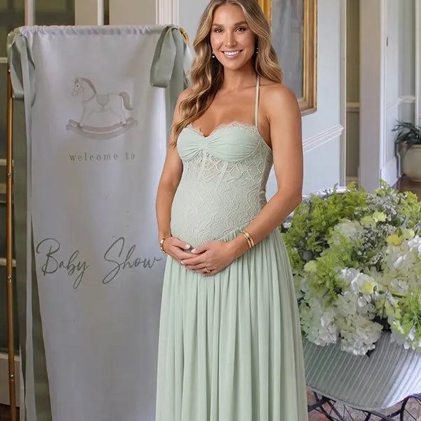 Sage Green Maternity Maxi Dress, Lace-Up Back Pregnancy Dress for Baby Shower, Maternity Photoshoot, Gender Reveal, Pregnancy Announcement, Wedding Guest, Bridal Shower, Formal Events | Bumplook