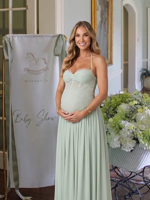 Sage Green Maternity Maxi Dress, Lace-Up Back Pregnancy Dress for Baby Shower, Maternity Photoshoot, Gender Reveal, Pregnancy Announcement, Wedding Guest, Bridal Shower, Formal Events | Bumplook