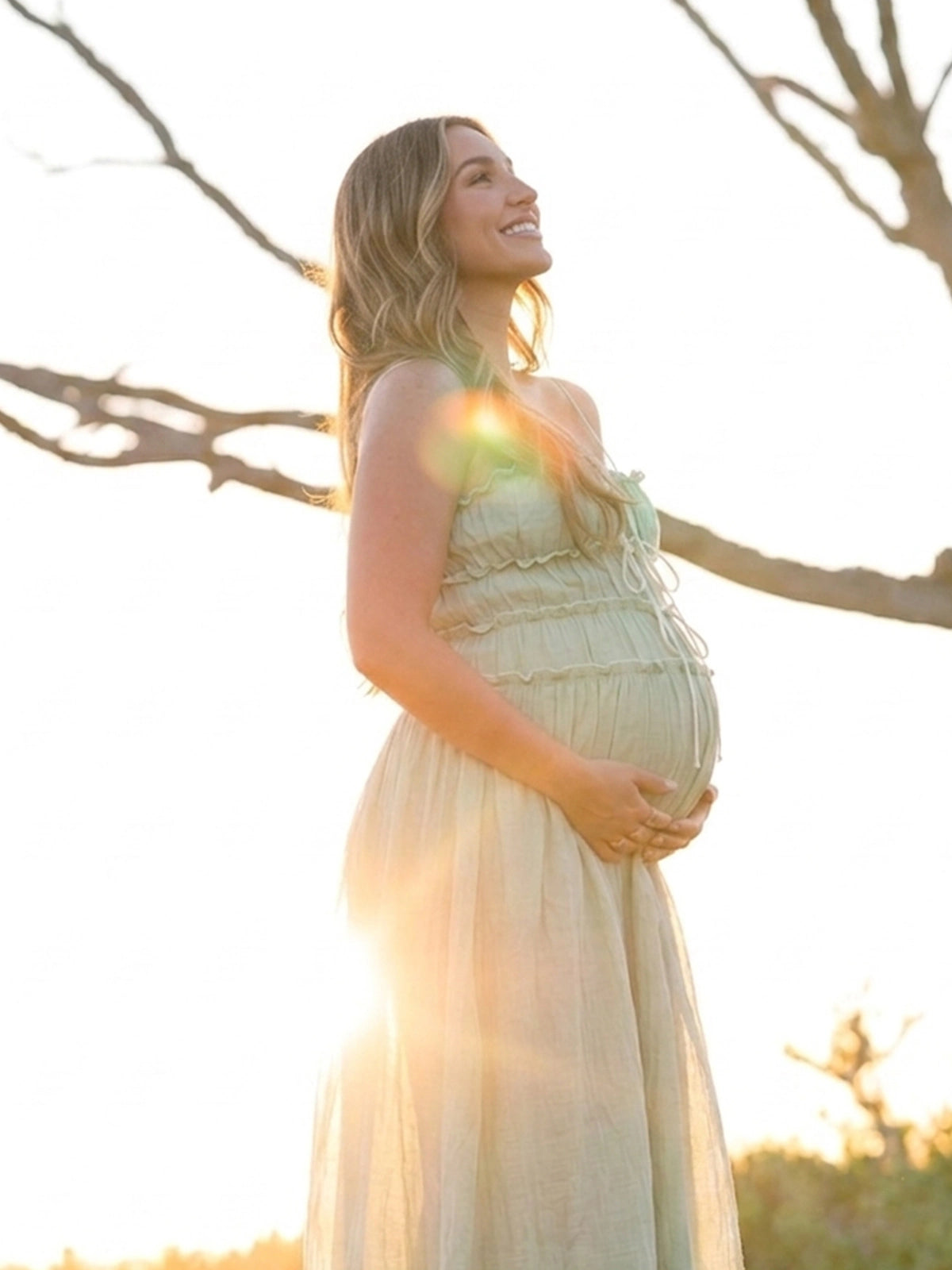 Sage Green Bow Front Pregnancy Dress with Gathered Bodice | Bumplook