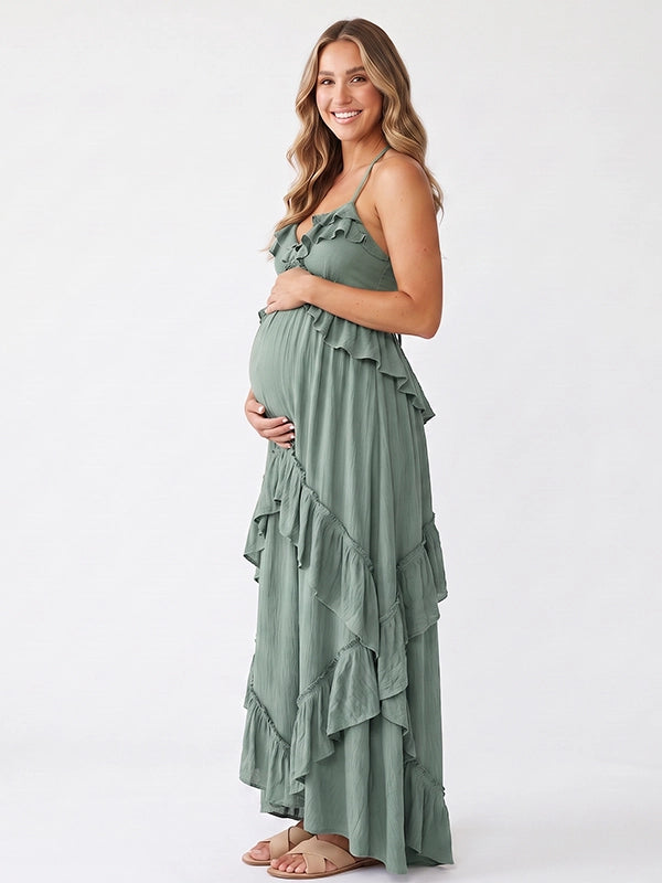 Sage Green Maternity Dress for Outdoor Maternity Photoshoot | Bumplook