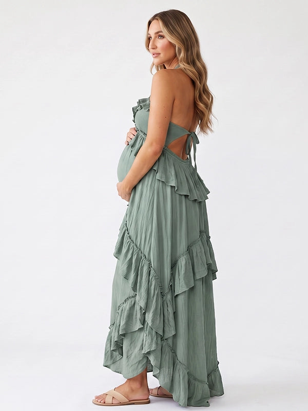 Sage Green Boho Maternity Maxi Dress Back View | Bumplook