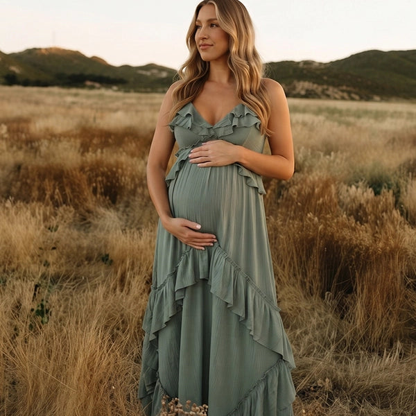 Sage Green Maternity Dress with Flowing Ruffle Skirt | Bumplook