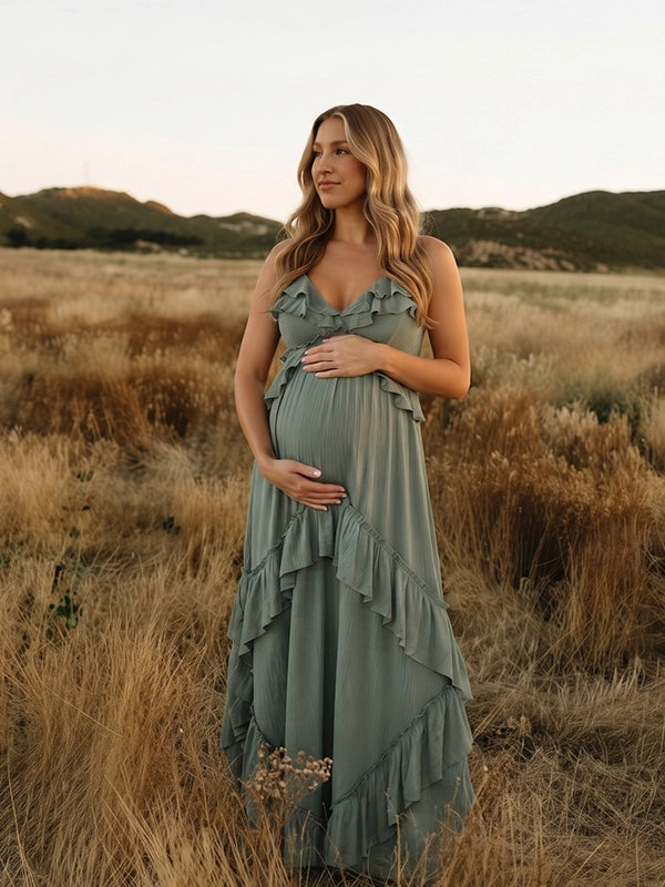 Sage Green Maternity Dress with Flowing Ruffle Skirt | Bumplook