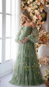 Sage Green Floral Embroidered Tulle Maternity Dress with Corset Inspired Sweetheart Bodice and Pastel Wildflower Detail | Bumplook