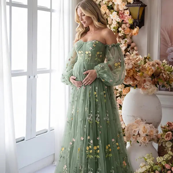 Sage Green Floral Embroidered Tulle Maternity Dress with Corset Inspired Sweetheart Bodice and Pastel Wildflower Detail | Bumplook