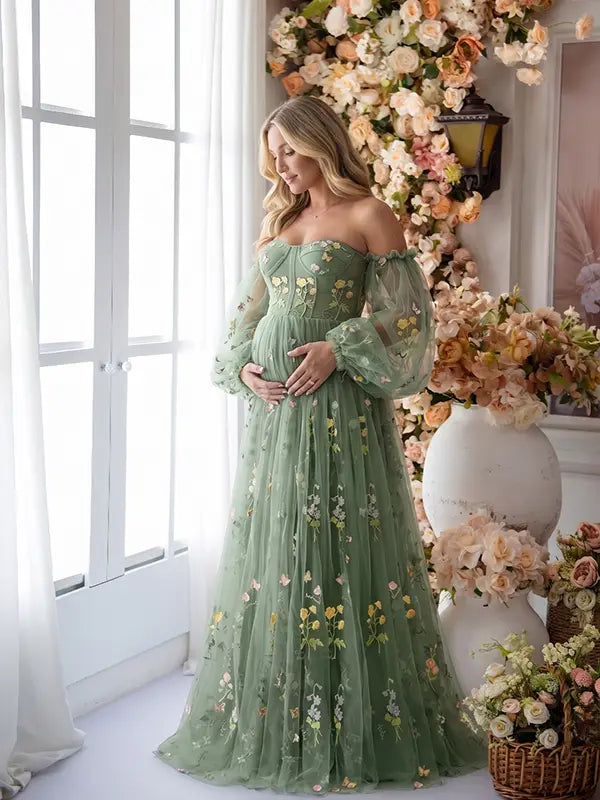 Sage Green Floral Embroidered Tulle Maternity Dress with Corset Inspired Sweetheart Bodice and Pastel Wildflower Detail | Bumplook