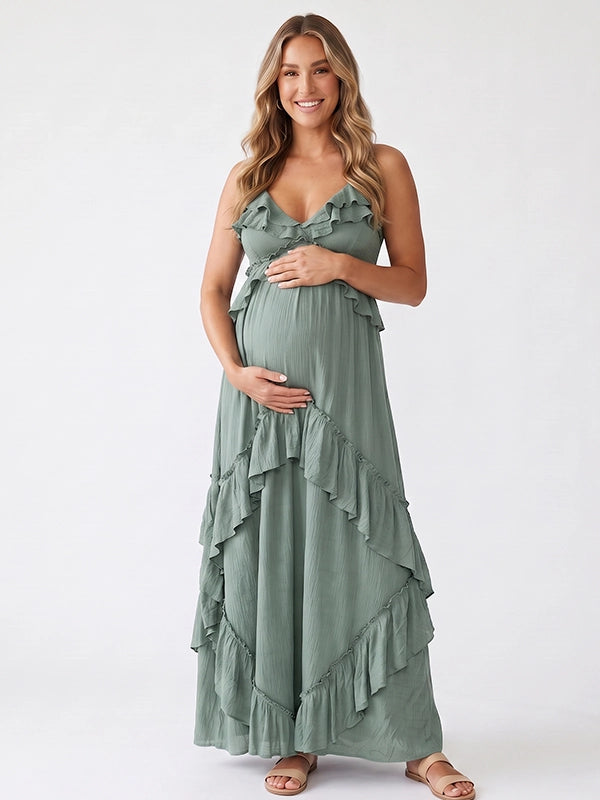 Sage Green Ruffle Maternity Maxi Dress | Bumplook