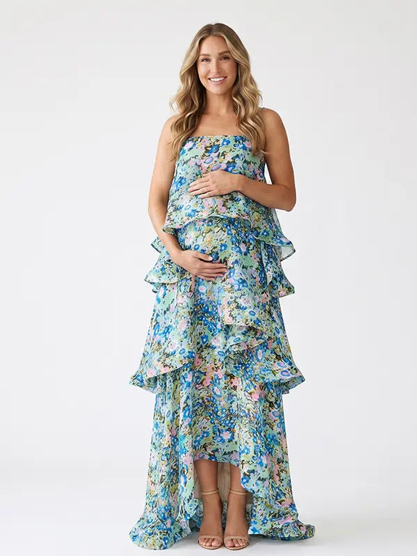 Sage Green Wildflower Tiered Ruffle Adjustable Strap Maternity Maxi Dress for Baby Shower, Garden Party, Maternity Photoshoot, Pregnancy Announcement and Spring Wedding | Bumplook