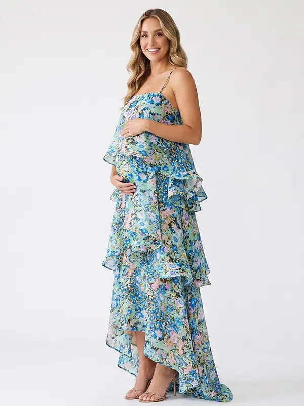 Sage Green Wildflower Tiered Ruffle Adjustable Strap Maternity Maxi Dress for Baby Shower, Garden Party, Maternity Photoshoot, Pregnancy Announcement and Spring Wedding | Bumplook
