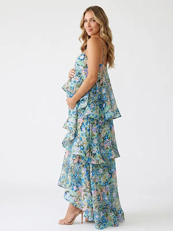Sage Green Wildflower Tiered Ruffle Adjustable Strap Maternity Maxi Dress for Baby Shower, Garden Party, Maternity Photoshoot, Pregnancy Announcement and Spring Wedding | Bumplook