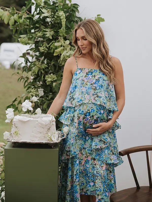 Sage Green Wildflower Tiered Ruffle Maternity Maxi Dress with Adjustable Straps
