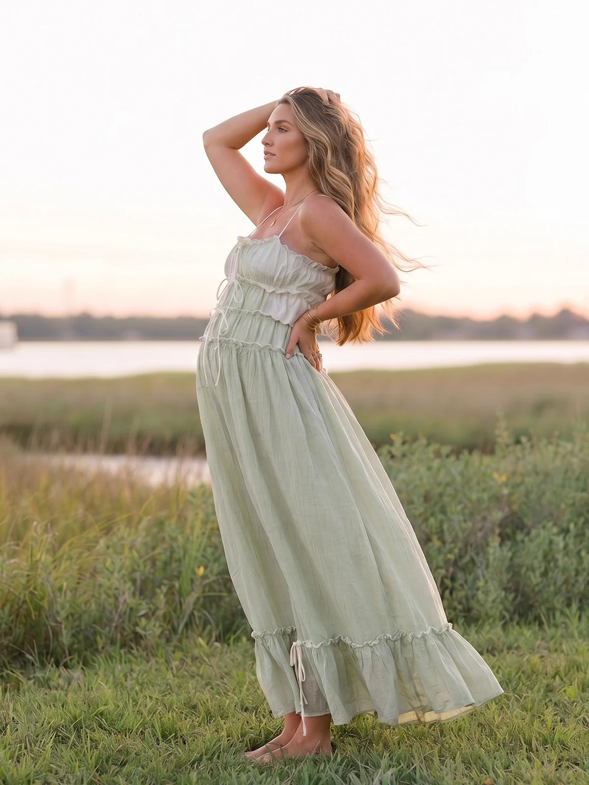 Sage Green Bump Friendly Maxi Dress with Ruffle Hem | Bumplook