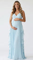 Sky blue boho pleated maternity maxi dress with cascading ruffle details for beach maternity photoshoots
