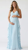 Sky blue boho pleated maternity maxi dress with cascading ruffle details for beach maternity photoshoots