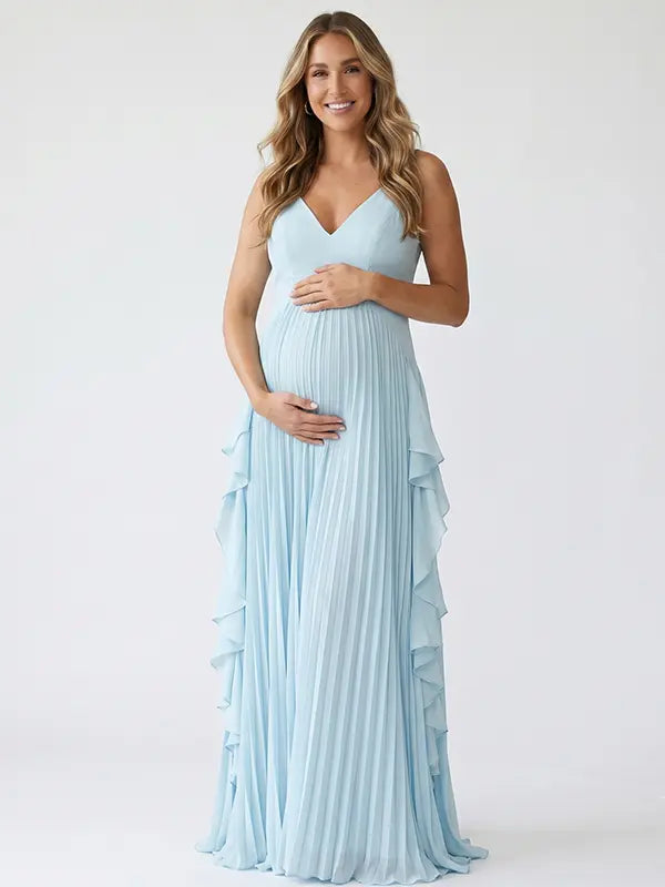 Sky blue boho pleated maternity maxi dress with cascading ruffle details for beach maternity photoshoots