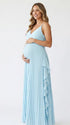 Sky blue boho pleated maternity maxi dress with cascading ruffle details for beach maternity photoshoots