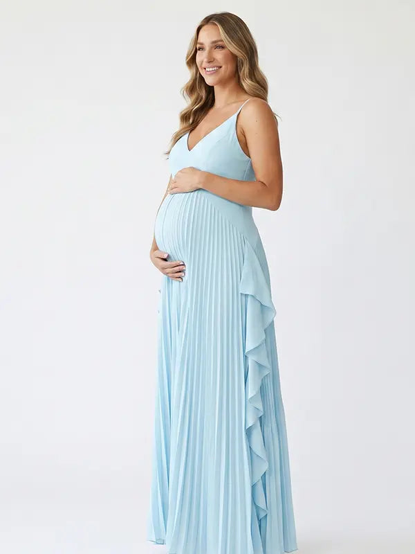 Sky blue boho pleated maternity maxi dress with cascading ruffle details for beach maternity photoshoots